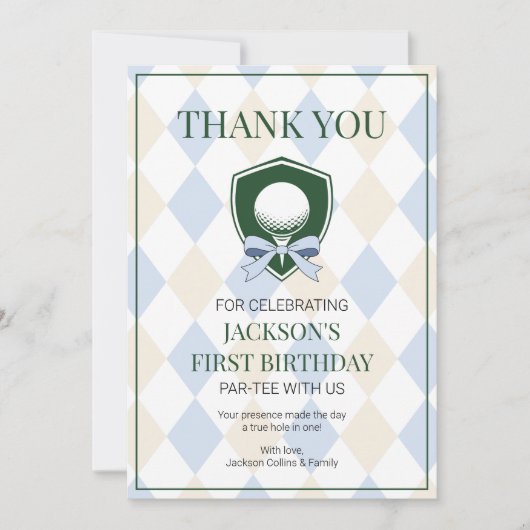 Blauw golf modern hole in one jongens 1e verjaarda bedankkaart (Voorkant)