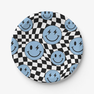 Blauw golvend geruit retro preppy glimlach verjaar papieren bordje