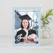 Blauw golvend retro afstudeeruitnodiging met foto kaart (Staand voorkant)