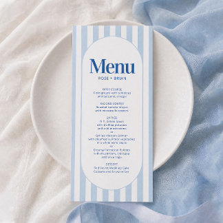 Blauw golvende cabana strepen trouw menu kaart