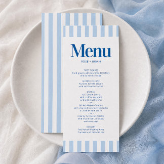 Blauw golvende cabana strepen trouw menu kaart