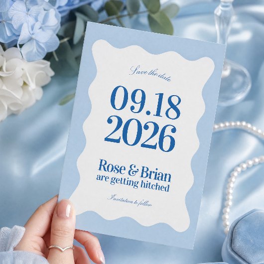 Blauw golvende cabana trouw save the dates date