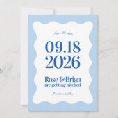 Blauw golvende cabana trouw save the dates date (Voorkant)