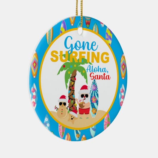 Blauw Gone Surfing Santa Ronde Keramische Ornament (Rechts)