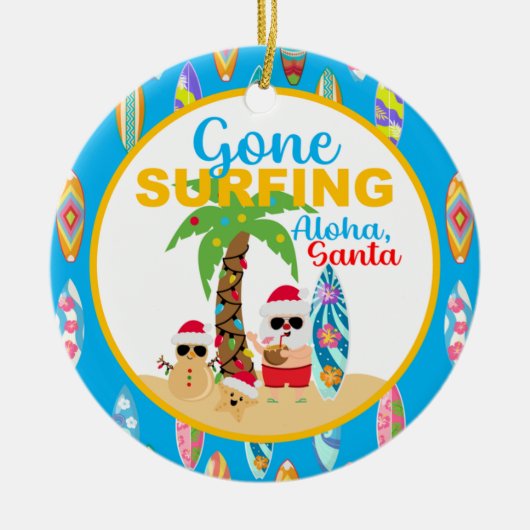 Blauw Gone Surfing Santa Ronde Keramische Ornament (Voorkant)