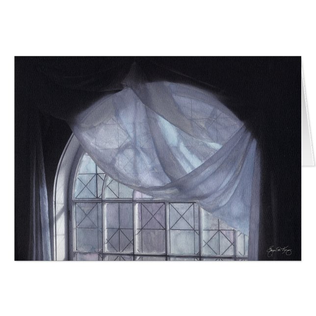 Blauw gordijn in een gewapend venster (Voorkant Horizontaal)