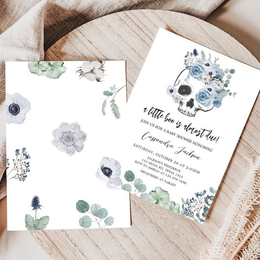 Blauw Gotisch Bloemen Schedel Baby shower Kaart