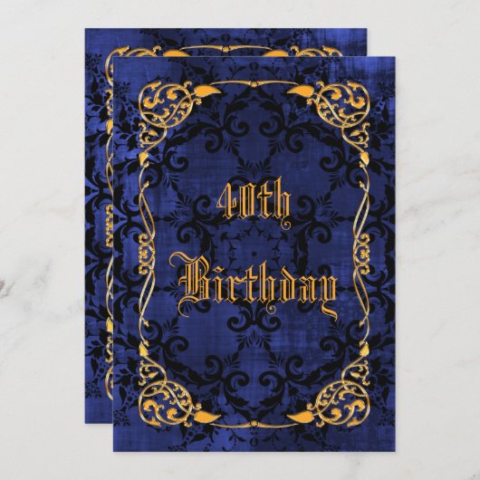Blauw Gotisch & Goud Ingelijste 40ste Verjaardag Kaart (Voorkant / Achterkant)