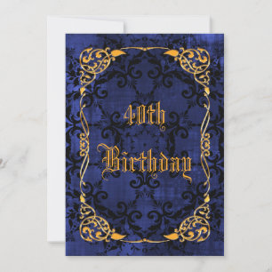 Blauw Gotisch & Goud Ingelijste 40ste Verjaardag Kaart