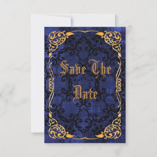 Blauw gotisch & goud omkadert 25e Save The Date (Voorkant)