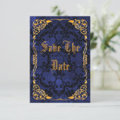 Blauw gotisch & goud omkadert 60e Save The Date (Staand voorkant)