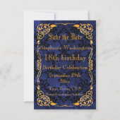 Blauw gotisch & goud omlijst 18e Save The Date (Achterkant)
