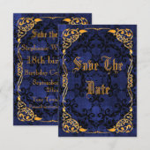 Blauw gotisch & goud omlijst 18e Save The Date (Voorkant / Achterkant)