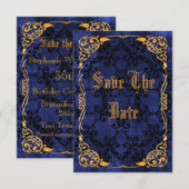 Blauw gotisch & goud omlijste 35e save the date (Voorkant / Achterkant)