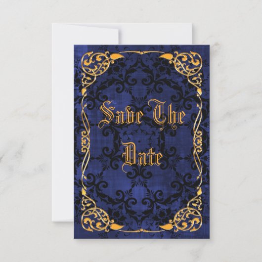 Blauw gotisch & goud omlijste 40e opslagdatum save the date (Voorkant)