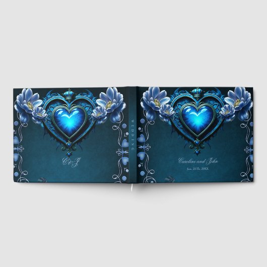 Blauw gotisch hart omgeven door magische bloemen gastenboek (Volledig)