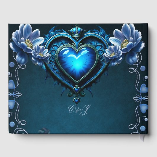 Blauw gotisch hart omgeven door magische bloemen gastenboek (Achterkant)