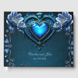 Blauw gotisch hart omgeven door magische bloemen gastenboek