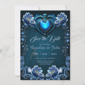 Blauw gotisch hart omgeven door magische bloemen save the date (Voorkant)