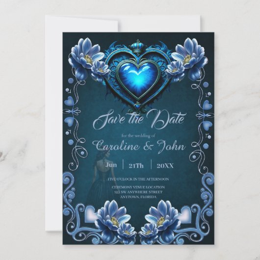 Blauw gotisch hart omgeven door magische bloemen save the date (Voorkant)