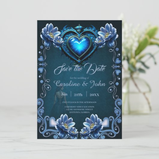 Blauw gotisch hart omgeven door magische bloemen save the date (Staand voorkant)