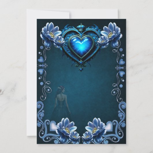 Blauw gotisch hart omgeven door magische bloemen save the date (Achterkant)
