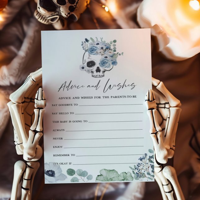 Blauw Gotische Bloemen Schedel Advies en Wensen Sp (Floral Skull Baby Shower Advice and Wishes Game)