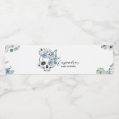 Blauw gotische bloemenschedel babyshower waterfles etiket (Enkel label)