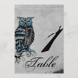 Blauw gotische uil luxe tafelnummer voor het huwel