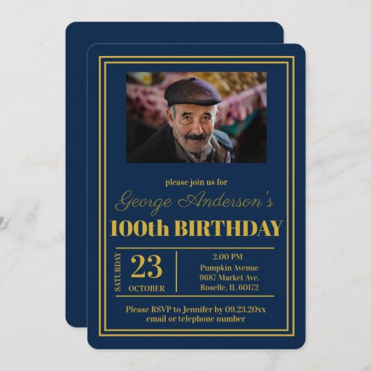 Blauw Goud 100ste Verjaardagsfeest Kaart (Voorkant / Achterkant)