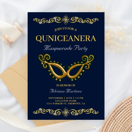 Blauw Goud 15e Verjaardag Masquerade Quinceanera Kaart