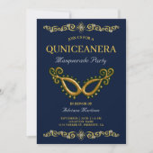 Blauw Goud 15e Verjaardag Masquerade Quinceanera Kaart (Voorkant)