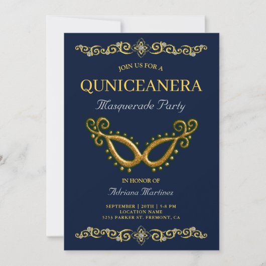 Blauw Goud 15e Verjaardag Masquerade Quinceanera Kaart (Voorkant)