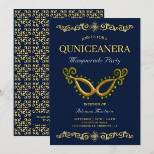 Blauw Goud 15e Verjaardag Masquerade Quinceanera Kaart