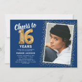 Blauw Goud 16e Verjaardag Foto Kaart (Voorkant)