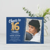 Blauw Goud 16e Verjaardag Foto Kaart (Staand voorkant)