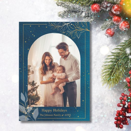 Blauw Goud 1 Fotoboog Modern Kerstmis Gelukkig Feestdagenkaart