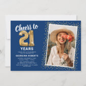 Blauw Goud 21e Verjaardag Foto Kaart (Voorkant)