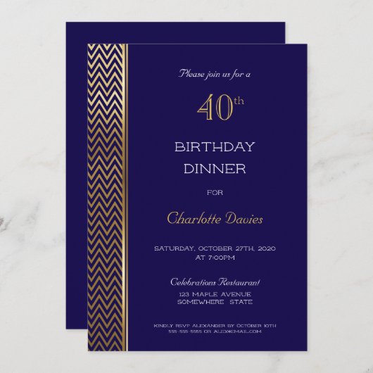 Blauw Goud 40ste Verjaardag Diner Party Kaart (Voorkant / Achterkant)