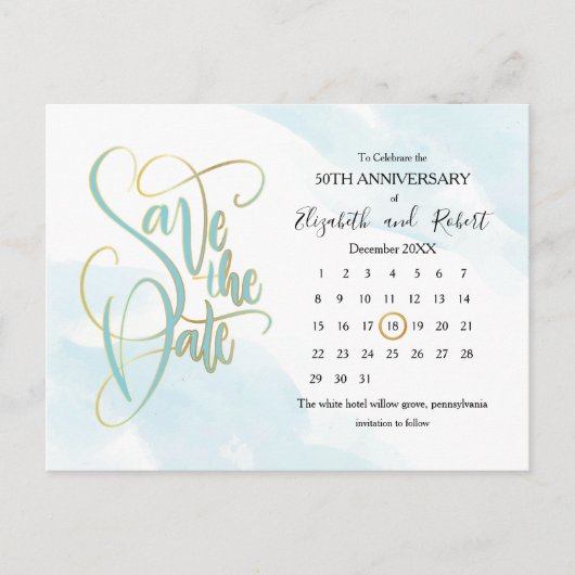 Blauw Goud 50e Jubileum Sla de datum op Aankondigingskaart (Voorkant)