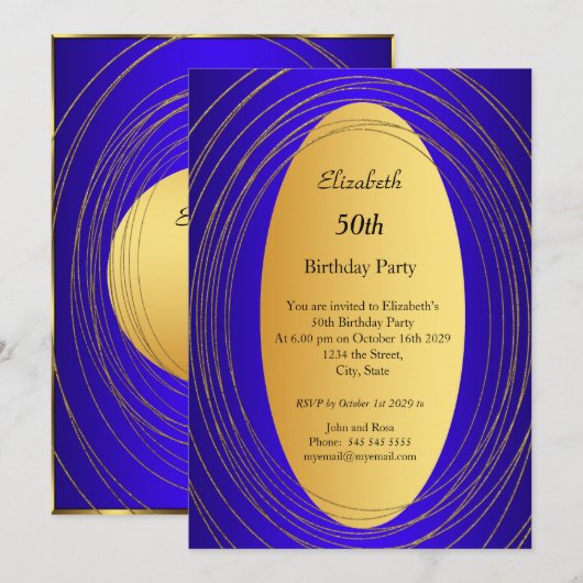 Blauw goud 50e verjaardag uitnodiging (Voorkant / Achterkant)