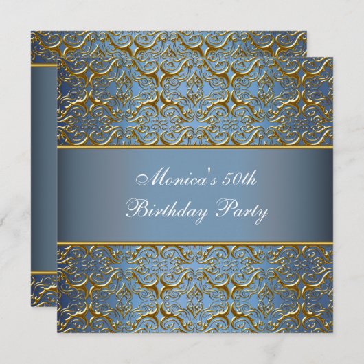 Blauw Goud 50ste Verjaardag Uitnodiging Elegant 50 (Voorkant / Achterkant)