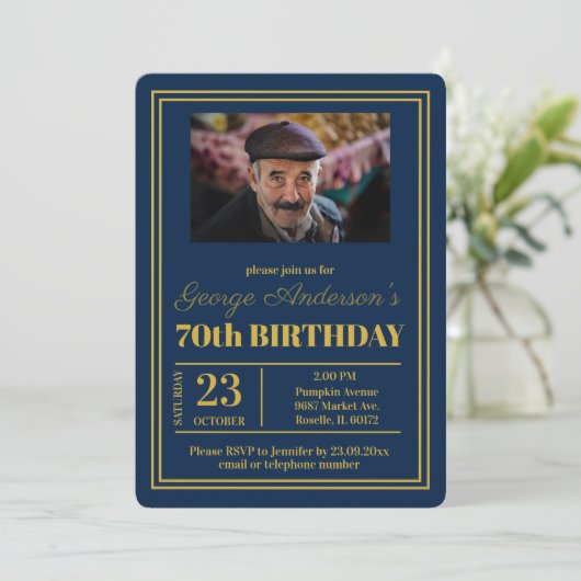 Blauw Goud 70ste Verjaardagsfeest Kaart (Staand voorkant)