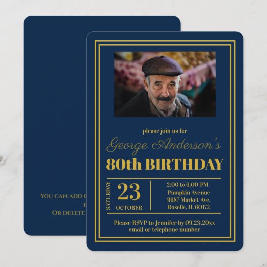 Blauw Goud 80ste Verjaardagsfeest Kaart (Voorkant / Achterkant)