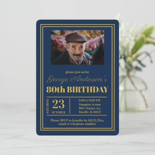 Blauw Goud 80ste Verjaardagsfeest Kaart (Staand voorkant)