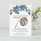 Blauw Goud Aangepaste Foto Bloemen 70e Verjaardag Kaart (Staand voorkant)