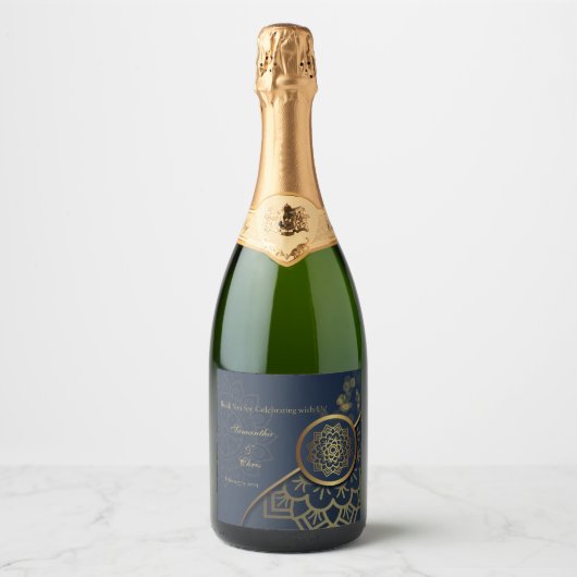 Blauw & Goud | Aangepaste namen, data Sparkling Wijnetiket (Voorkant)