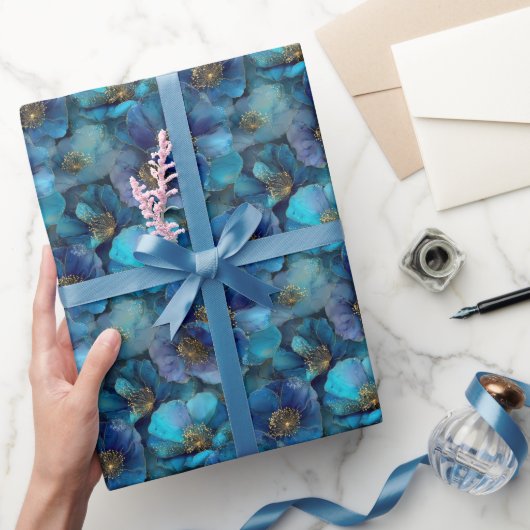 Blauw Goud Abstract Aquarel Bloemen Cadeaupapier (Geschenken)