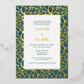 Blauw & Goud Abstract Bladpatroonhuwelijk Folie Uitnodiging (Voorkant)