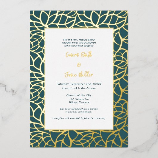 Blauw & Goud Abstract Bladpatroonhuwelijk Folie Uitnodiging (Voorkant)